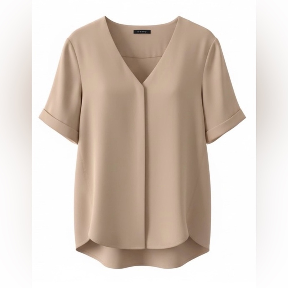 Theory 100% Silk Short Sleeve Button Up Blouse - Beige
